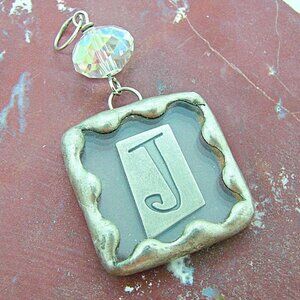 Initial Letter J Fashion Charm Pendant Silver Tone Scalloped Edged Frame Glass